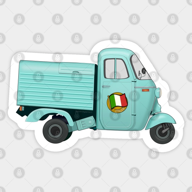 Vintage Cyan Italian Motorized Rikshaw with Italian Flag Sticker on the Door Sticker by ibadishi